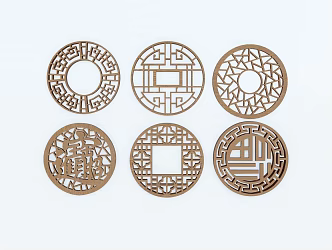 New Chinese Style Flower Window Round Landscape Window Grillage Window Landscape Pane Wooden Grillage Window Ancient Building Window Split Window Component 3d model