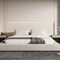 Modern Minimalist Bedroom With Recessed Lighting Bedhead Wall Wardrobe Armchair And Table Lamp