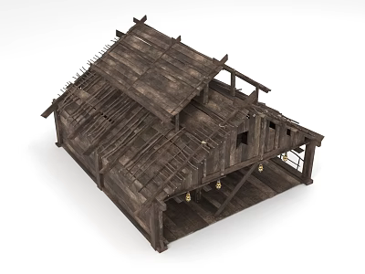 Traditional Wooden House With Sloped Roof And Exposed Wooden Beams Design 3d model