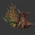 Fantasy Water Transport Ship with Skeleton Horns and Tattered Sails Design