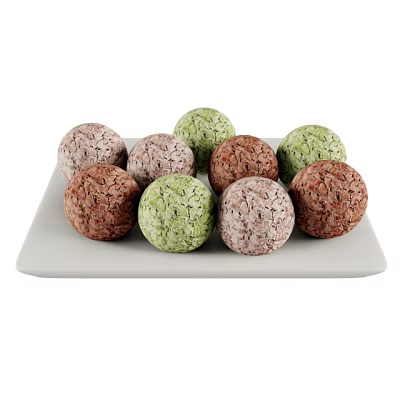 Colorful Round Food Balls on White Plate with Green Brown and Pink Colors 3d model