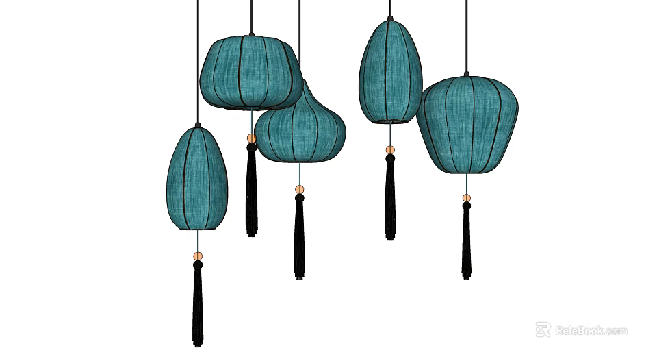 Teal Lantern Shaped Pendant Lights With Black Tassels Hanging Design For Home Decoration 3d model 