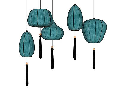 Teal Lantern Shaped Pendant Lights With Black Tassels Hanging Design For Home Decoration 3d model