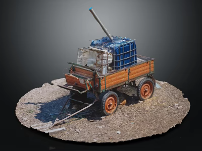 Homemade Cart With Cannon Barrel Blue Crates And Orange Wheels On Gravel 3d model