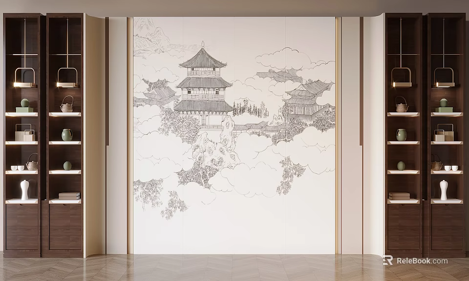 Chinese Style Background Wall Featuring Black White Pavilion Landscape Patterns And Wooden Cabinets With Ornaments 3d model 
