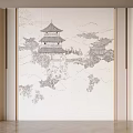 Chinese Style Background Wall Featuring Black White Pavilion Landscape Patterns And Wooden Cabinets With Ornaments