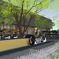 Outdoor Children Playground Near Glass Building With Trees Play Equipment And Yellow Figure
