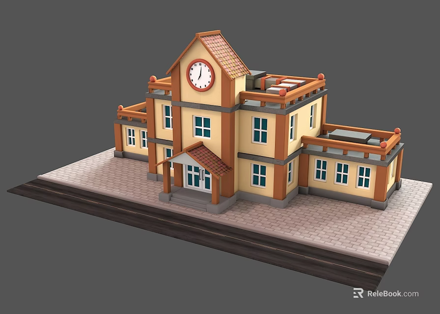 Classic School Building With Clock Tower Red Roof Yellow Walls And Classroom Windows 3d model 