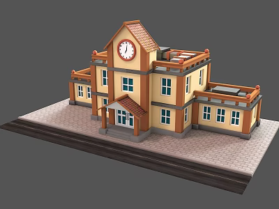 Classic School Building With Clock Tower Red Roof Yellow Walls And Classroom Windows 3d model