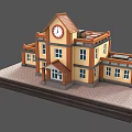 Classic School Building With Clock Tower Red Roof Yellow Walls And Classroom Windows