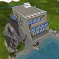 Modern Detached Villa By Waterfront With Green Lawn Rock Wooden Facade Large Windows And Balcony