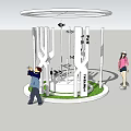 Modern Circular Display Structure With White Pillars Green Base And People Visiting 3d model