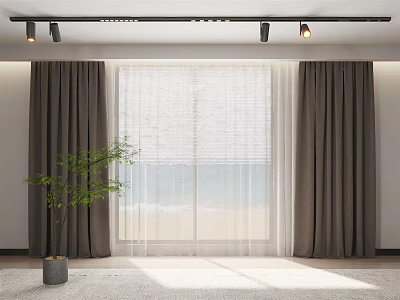 Stylish Curtains Featuring Thick Side Panels And Sheer Center For Ocean View With Green Plant 3d model