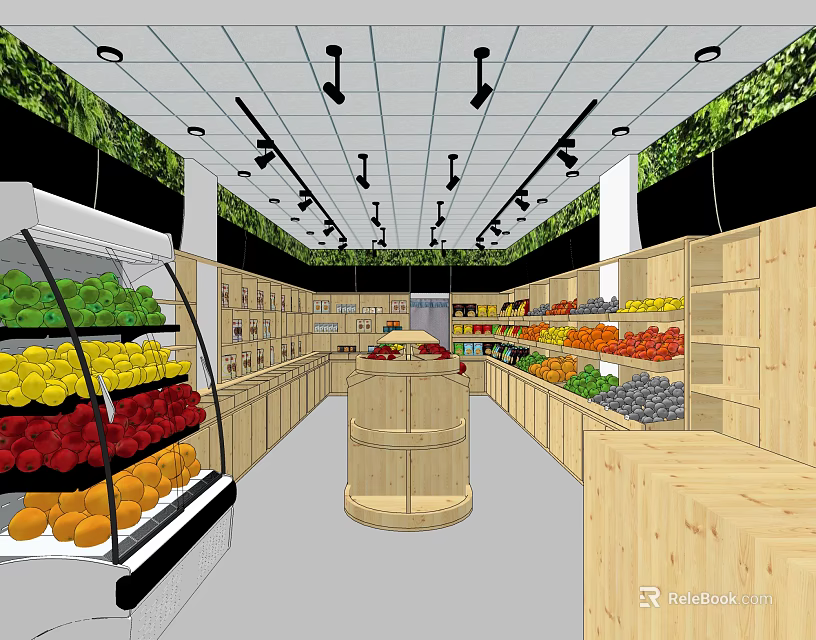 Fresh Fruit Store Interior With Wooden Shelves Refrigerated Cases And Central Display Stand 3d model 
