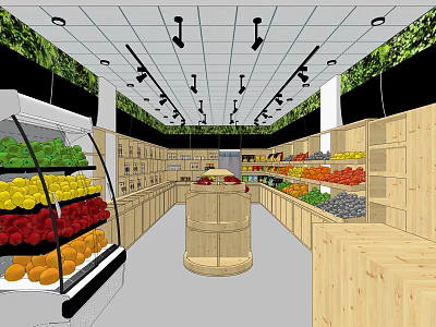 Fresh Fruit Store Interior With Wooden Shelves Refrigerated Cases And Central Display Stand 3d model