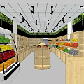 Fresh Fruit Store Interior With Wooden Shelves Refrigerated Cases And Central Display Stand