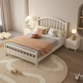 Cozy White Wooden Children's Bed with Slatted Headboard Pink Pillows Plush Toy and Nightstand Lamp