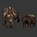 Fantasy Armored Warrior Character With Glowing Weapons And Bear Companion