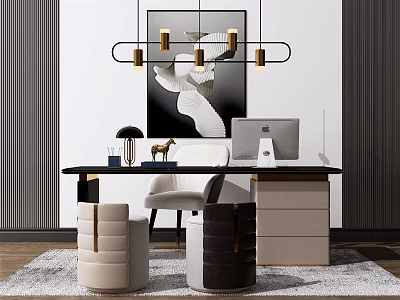 Modern Home Office Desk With Desk Lamp Decorative Items Chair Chandelier And Wall Art 3d model