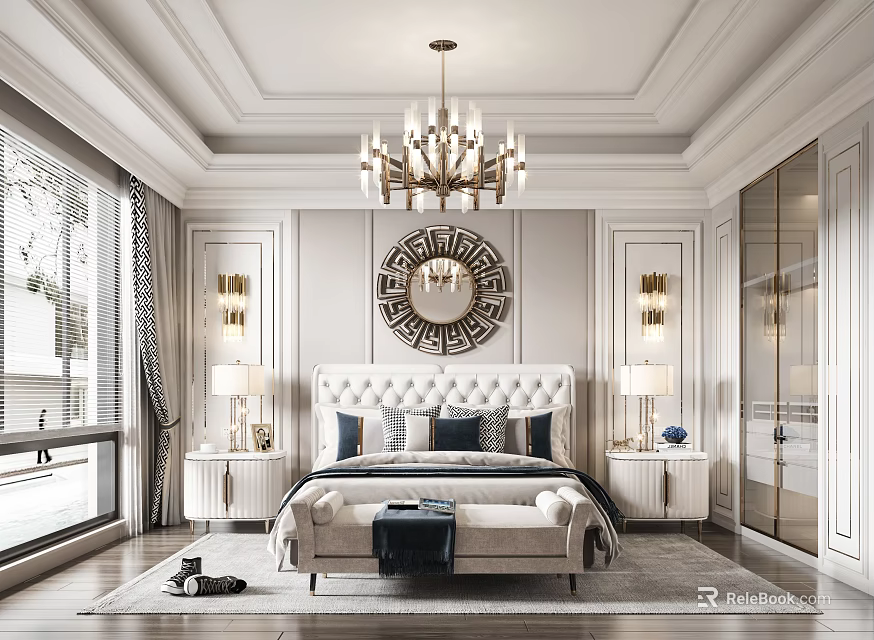 Luxurious Modern Classic Bedroom With Tufted Headboard Chandelier Decorative Mirror Nightstands And Table Lamps 3d model 