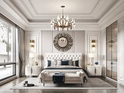 Luxurious Modern Classic Bedroom With Tufted Headboard Chandelier Decorative Mirror Nightstands And Table Lamps 3d model