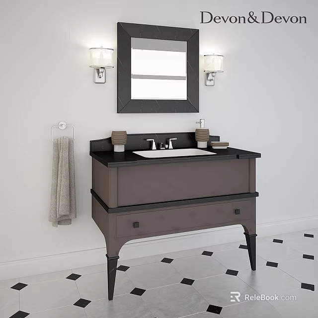 Elegant Bathroom Sink Vanity With Mirror Wall Sconces And Towel On Black White Tile Floor 3d model 