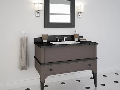 Elegant Bathroom Sink Vanity With Mirror Wall Sconces And Towel On Black White Tile Floor 3d model
