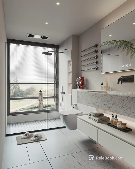 Modern Bathroom Interior With Glass Shower Enclosure Stone Vanity Wall Mirror And Window Blinds 3d model 