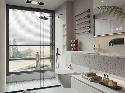 Modern Bathroom Interior With Glass Shower Enclosure Stone Vanity Wall Mirror And Window Blinds 3d model