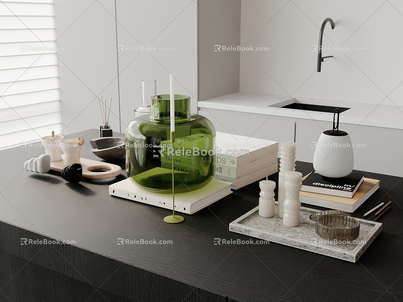 Modern Table Ornaments Books Kettle Incense Candle Wine 3d model