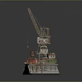 Detailed Industrial Crane Model With Platform Structure And Small Buildings