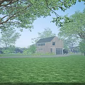 Modern Detached House at Dusk With Warm Lights Surrounded by Trees and Green Lawn