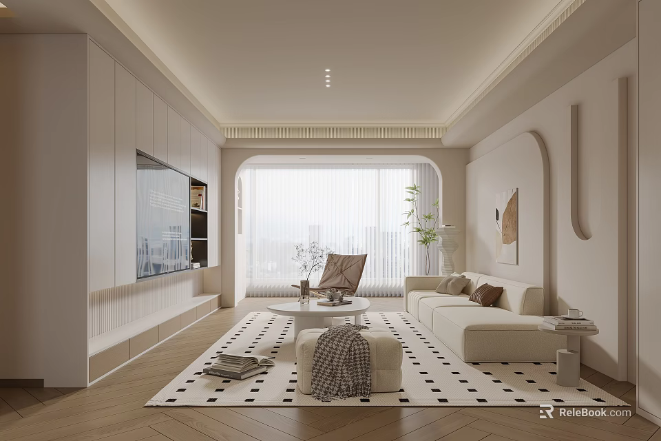 Modern Minimalist Living Room Interior Design With White Sofa Coffee Table And Area Rug 3d model 