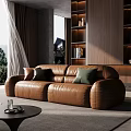 Modern Living Room Interior With Brown Leather Sofa Wooden Bookshelf And Window Curtains