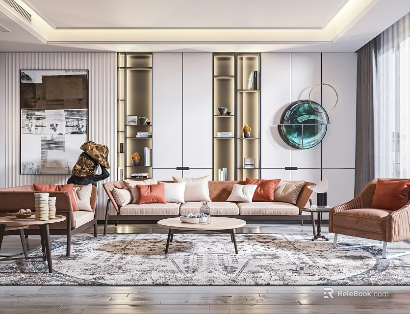 Modern Sofa And Coffee Table Set With Soft Pillows Area Rug And Wall Decor 3d model