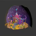 Cute Cartoon Magical Cottage Scene With Purple Spiral Decor Steps And Yellow Flowers