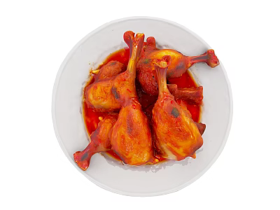 Juicy Chicken Drumsticks With Red Sauce Garlic And Green Herbs On White Plate 3d model