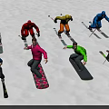 Group of People Skiing and Snowboarding on Snowy Slope with Colorful Winter Outfits