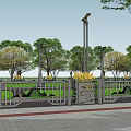 Decorative Gray Road Guardrail With Yellow Flowers And Green Trees Along Urban Path