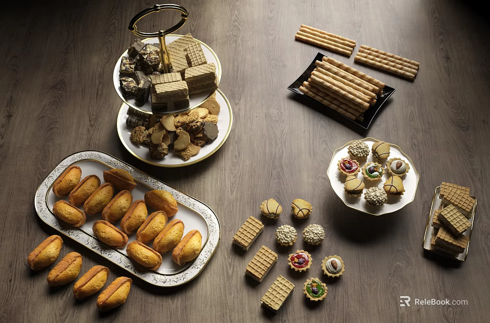 Assorted Cookies Pastries And Chocolates Display On Tiered Trays Wooden Table 3d model 