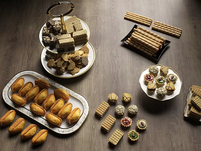Assorted Cookies Pastries And Chocolates Display On Tiered Trays Wooden Table 3d model