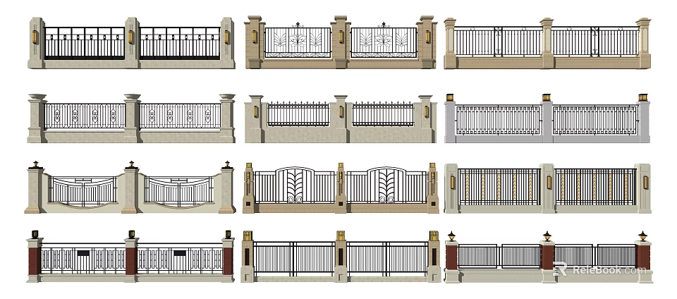 Building Exterior Wall With Various Wrought Iron Railing Designs And Patterns 3d model