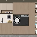 Modern Laundry Room With Wooden Cabinetry Washing Machine Dryer Sink Open Shelves And Checkerboard Floor