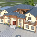 Traditional Chinese Detached Villa With Yellow Exterior Dark Roof Red Door Balcony And Green Garden