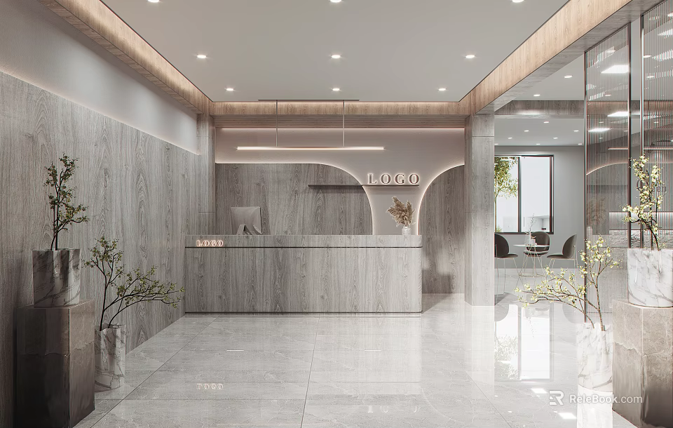 Modern Reception Desk Interior With Gray Walls Marble Floor And Plants 3d model 