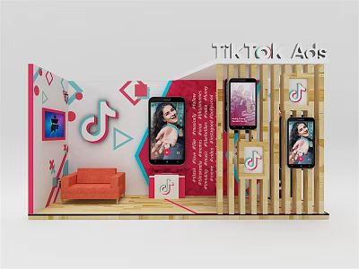 Modern Public Office Space With TikTok Logos Screens Orange Sofa And Wooden Structure 3d model