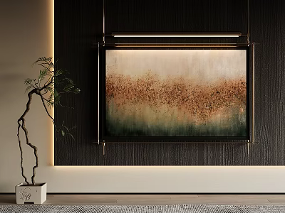 Beige Green Gradient Abstract Painting On Dark Wooden Wall With Potted Plant And Warm Lighting 3d model