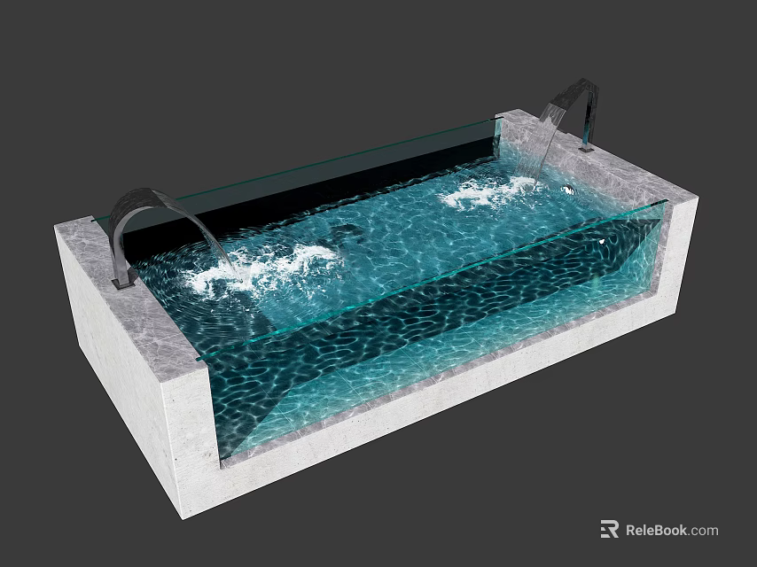 Modern Swimming Pool With Blue Water Waves Gray Border And Black Handrails 3d model 