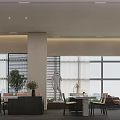 Modern Open Concept Living and Dining Room Interior With Large Windows Gray Sofa And Fireplace