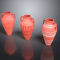 Sculpture Carving Three Red Two Handled Ceramic Vases Featuring Intricate Carved Patterns 3d model